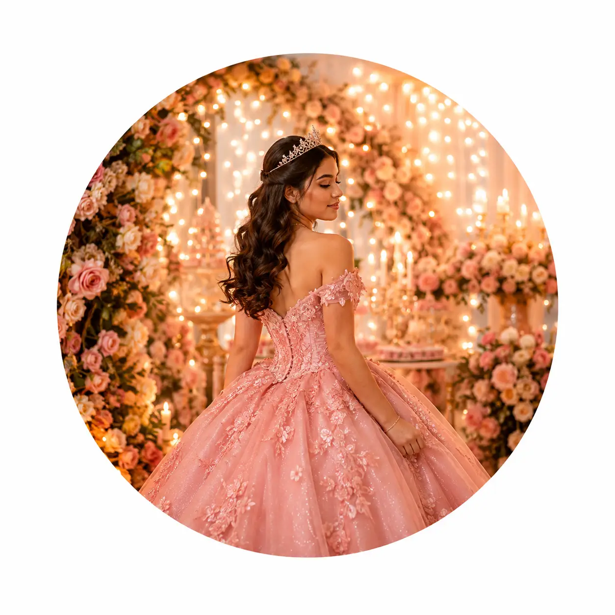 Debutante em vestido rosa no salão decorado